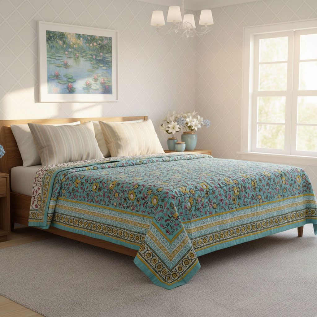 Handmade Block Printed Cotton Queen Quilt Phuljhari Jade 8368