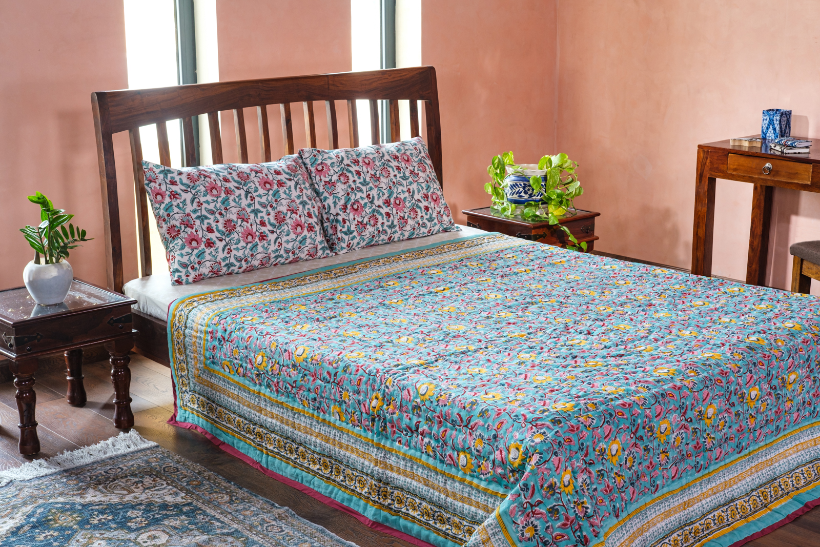 Handmade Block Printed Cotton Queen Quilt Phuljhari Jade 8368