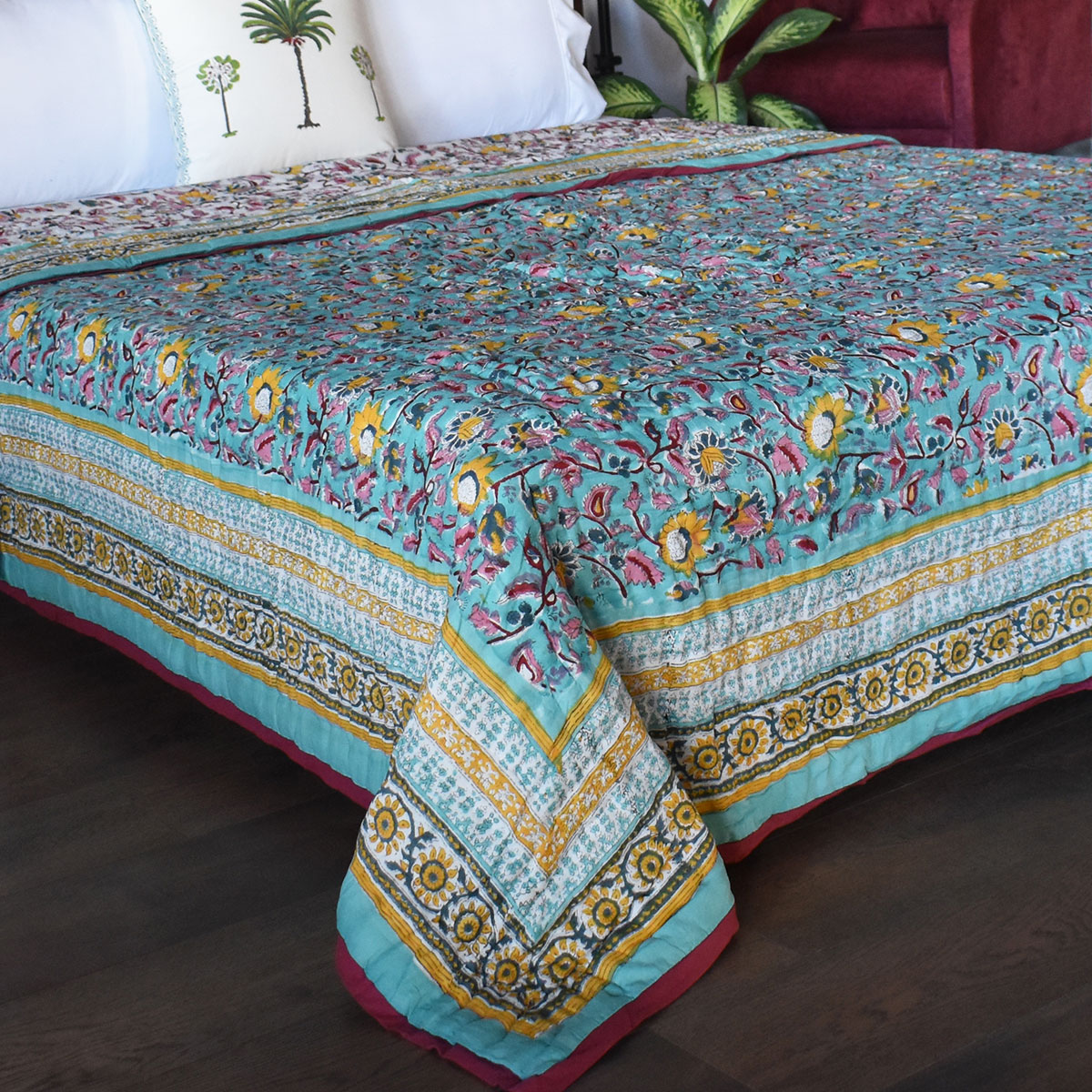 Handmade Block Printed Cotton Queen Quilt Phuljhari Jade 8368