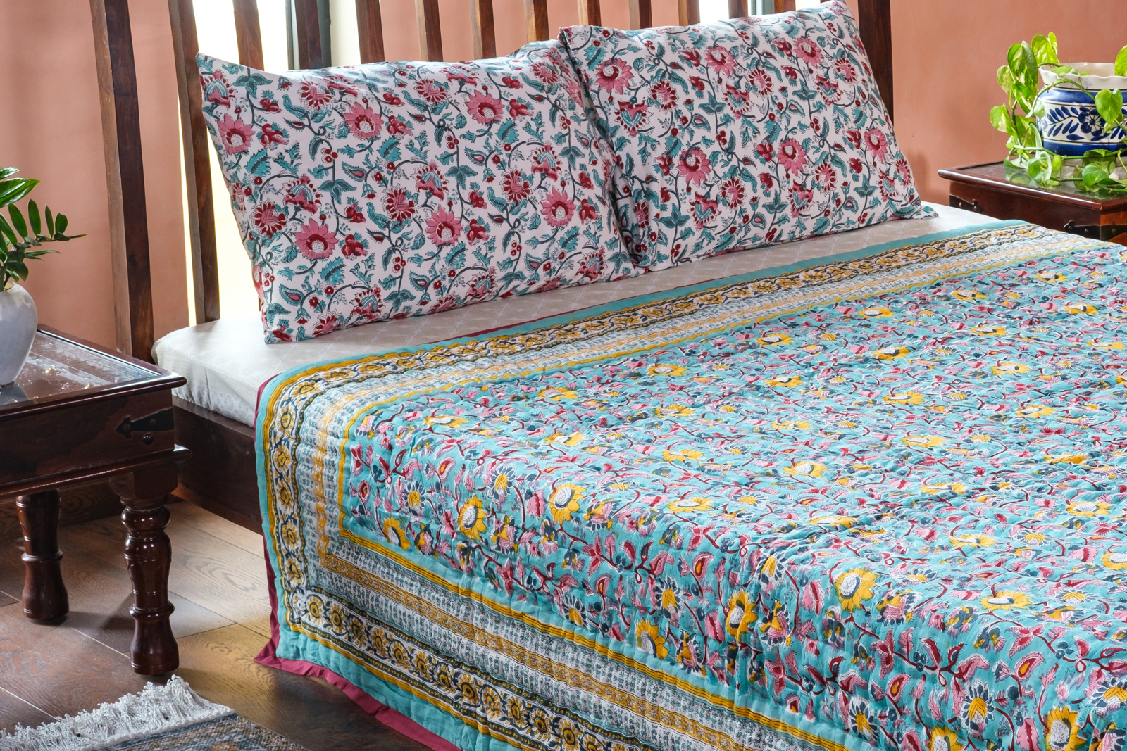 Handmade Block Printed Cotton Queen Quilt Phuljhari Jade 8368