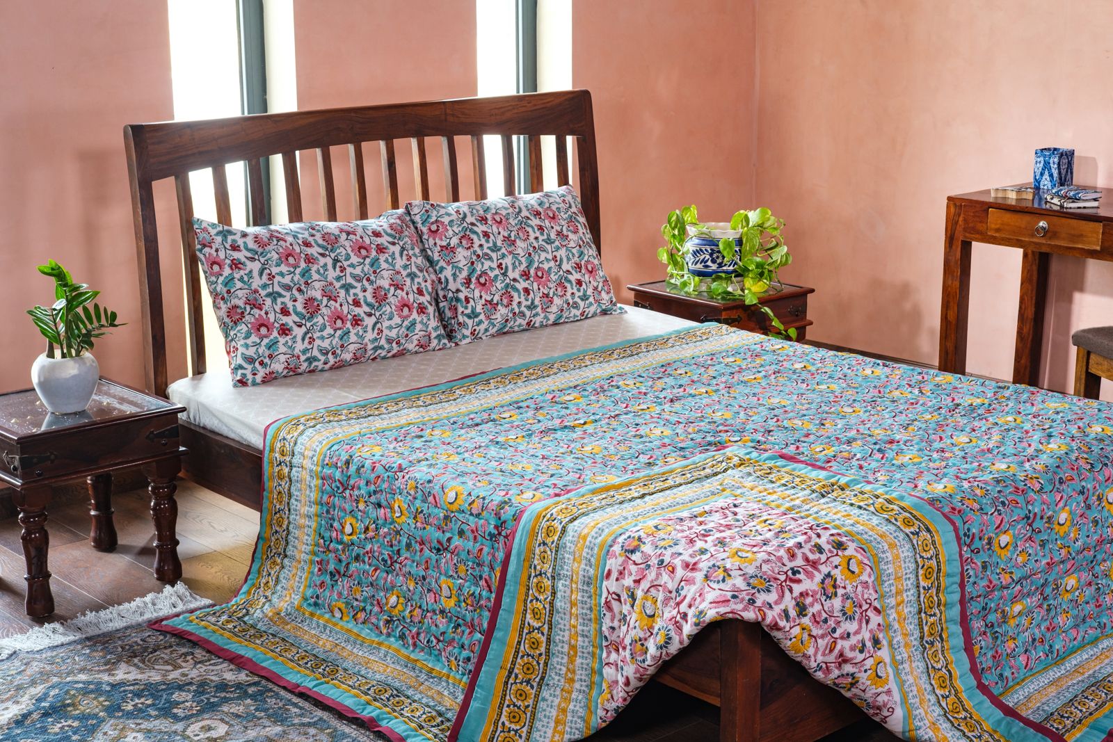 Handmade Block Printed Cotton Queen Quilt Phuljhari Jade 8368