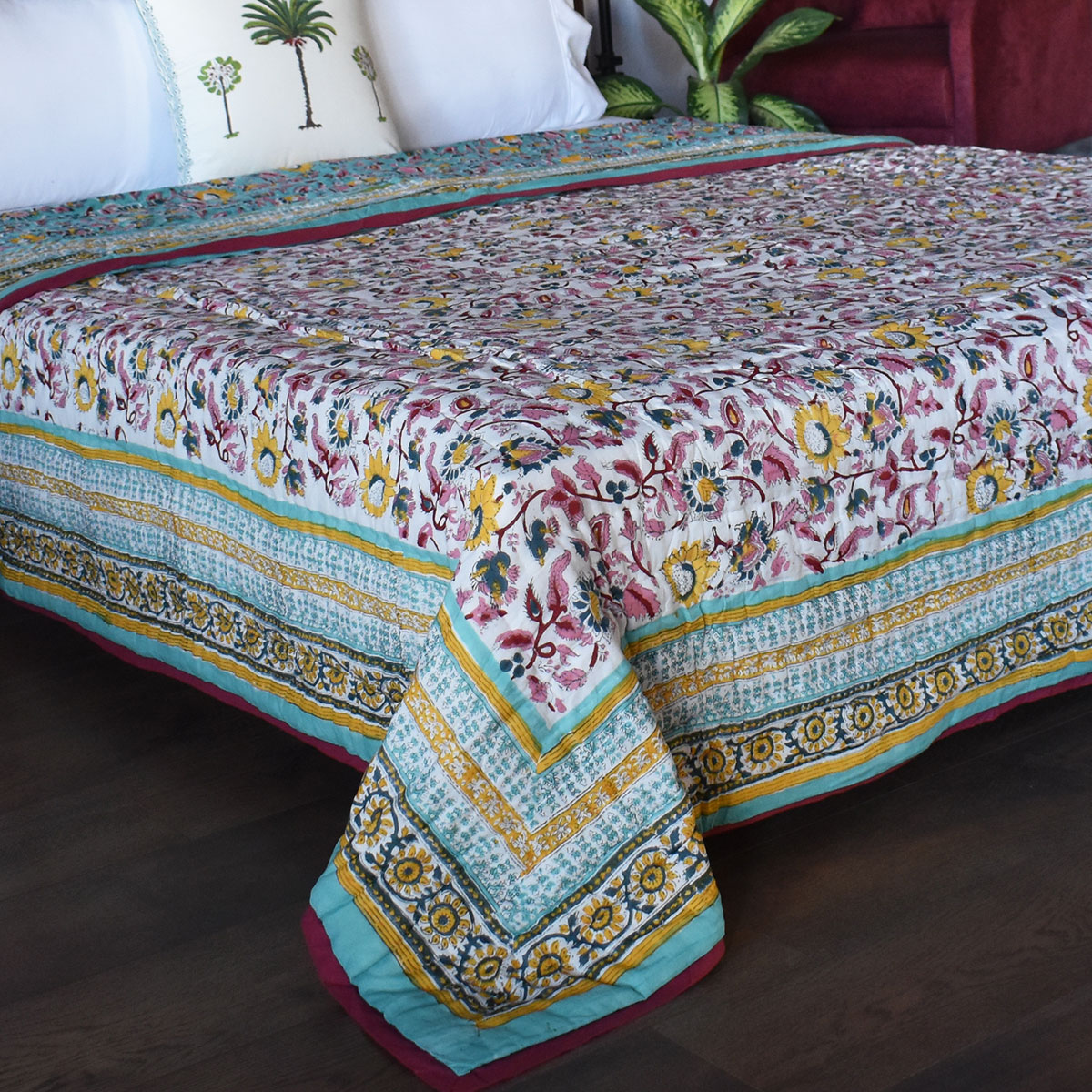 Handmade Block Printed Cotton Queen Quilt Phuljhari Jade 8368