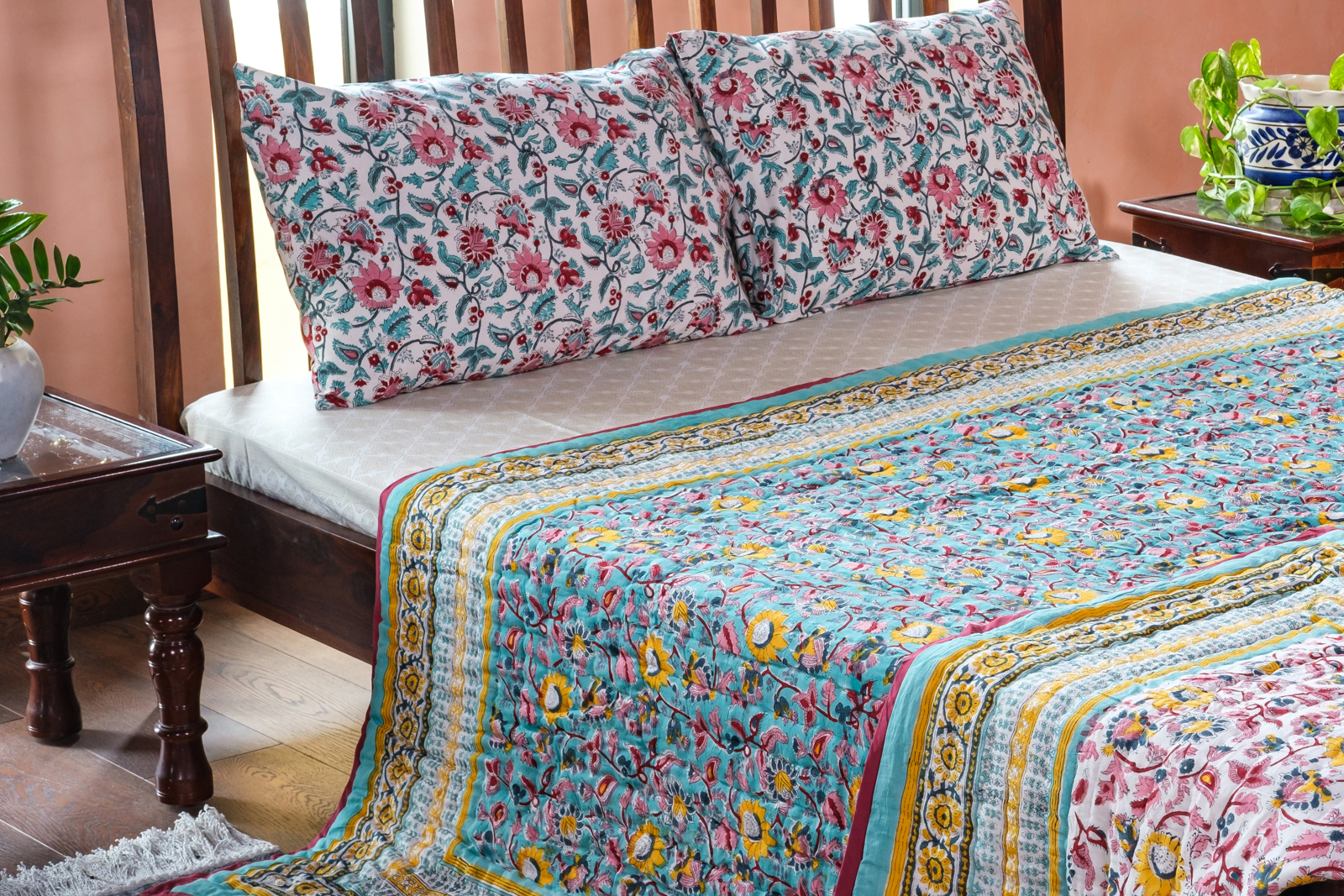 Handmade Block Printed Cotton Queen Quilt Phuljhari Jade 8368