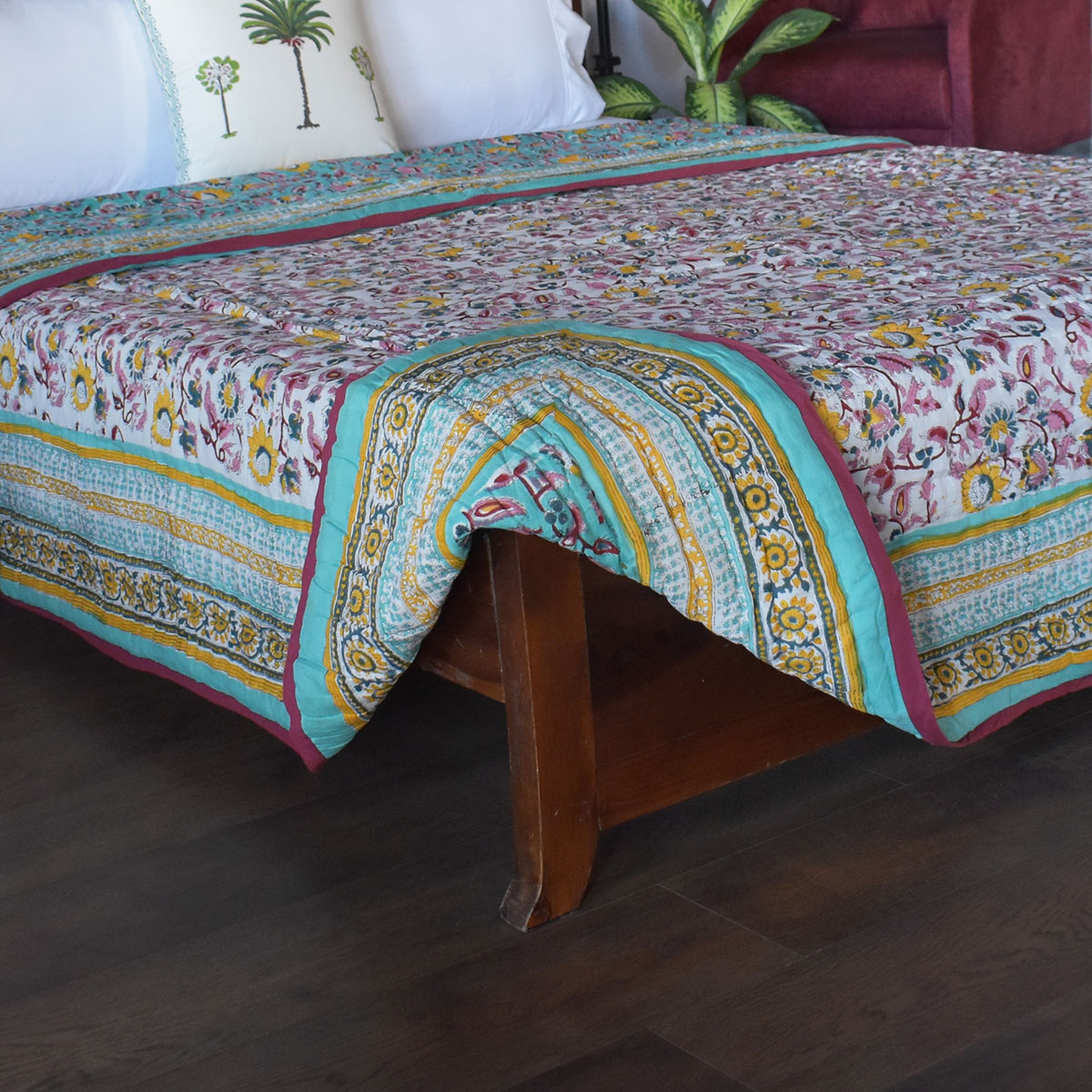 Handmade Block Printed Cotton Queen Quilt Phuljhari Jade 8368