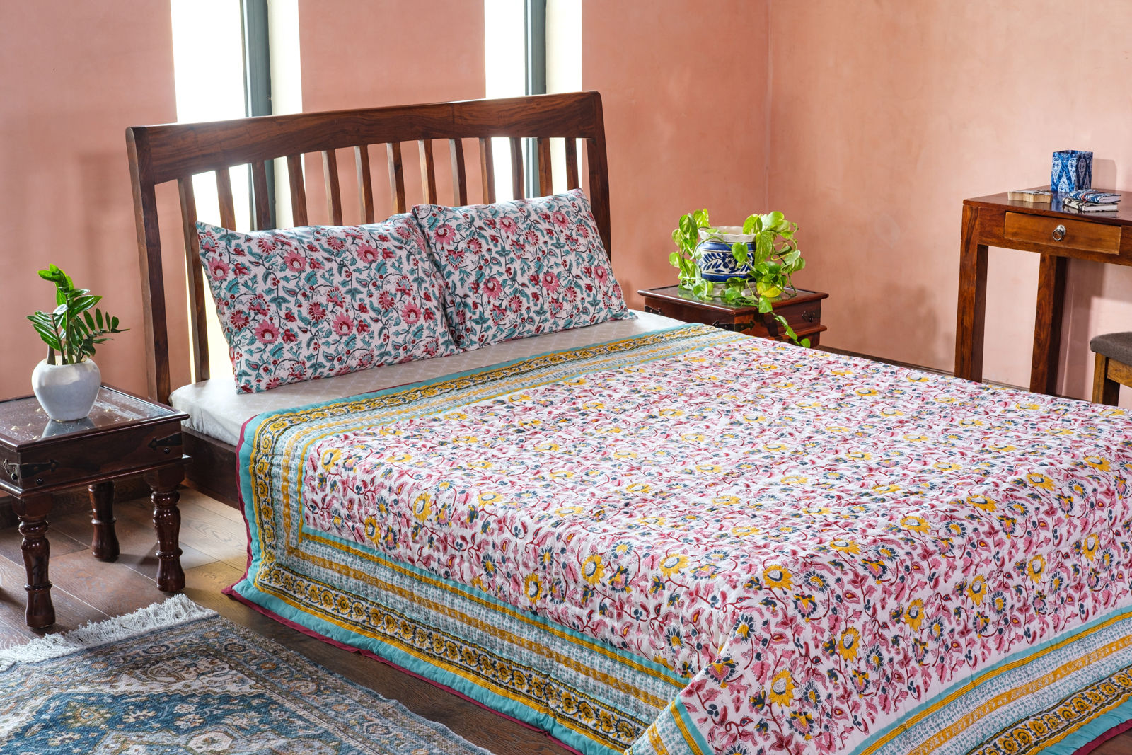 Handmade Block Printed Cotton Queen Quilt Phuljhari Jade 8368