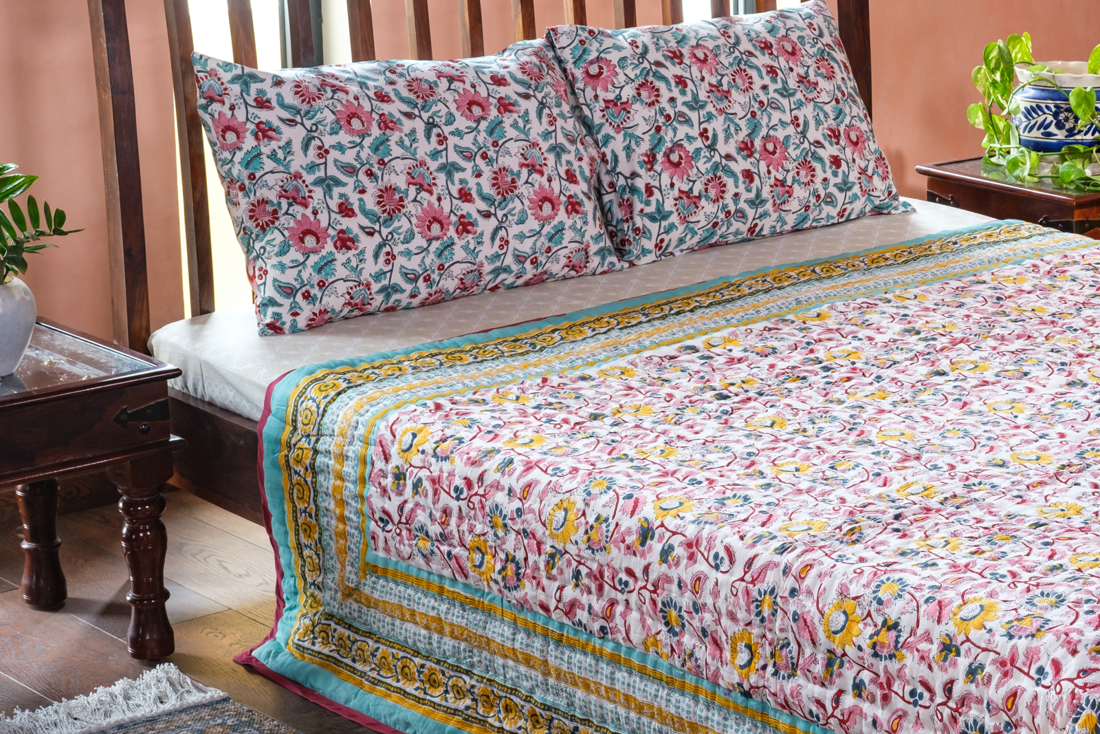 Handmade Block Printed Cotton Queen Quilt Phuljhari Jade 8368