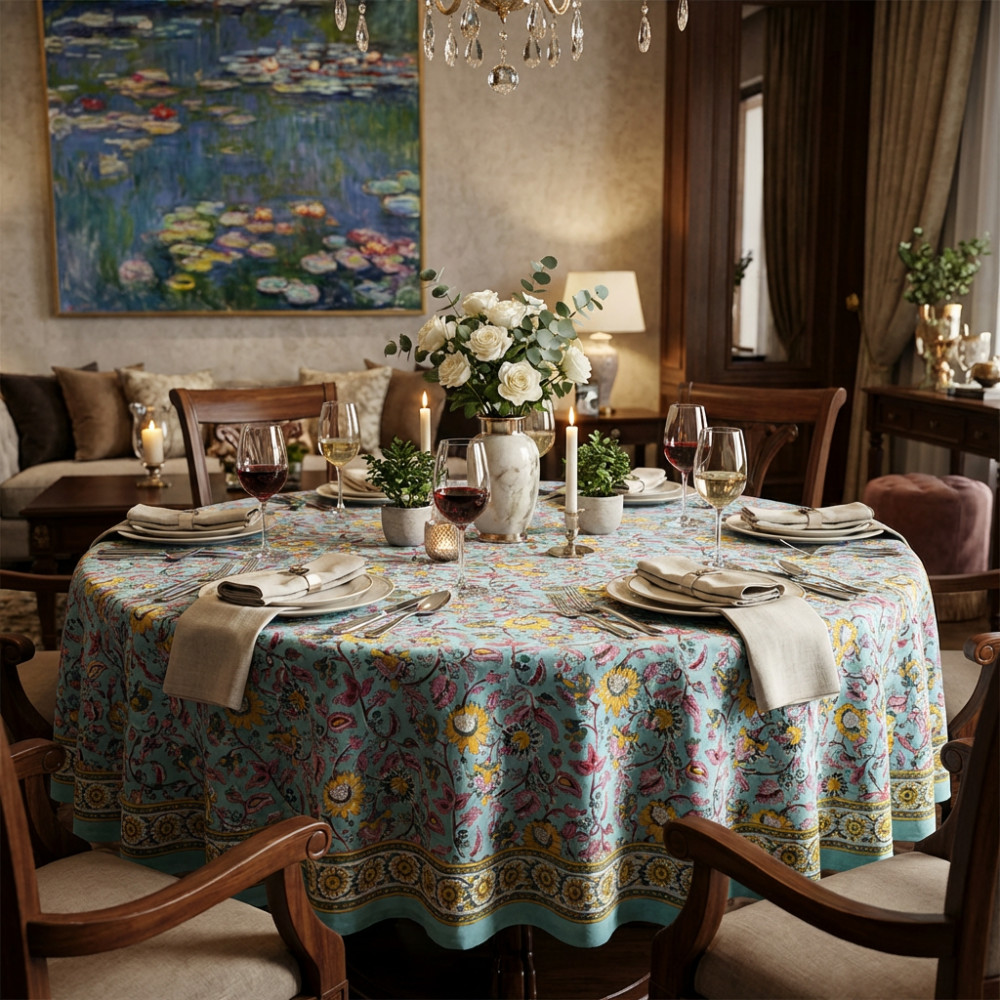 Image of Hand Block Printed Cotton Round Tablecloth 220 cms| Phuljhari Jade Gud 602160