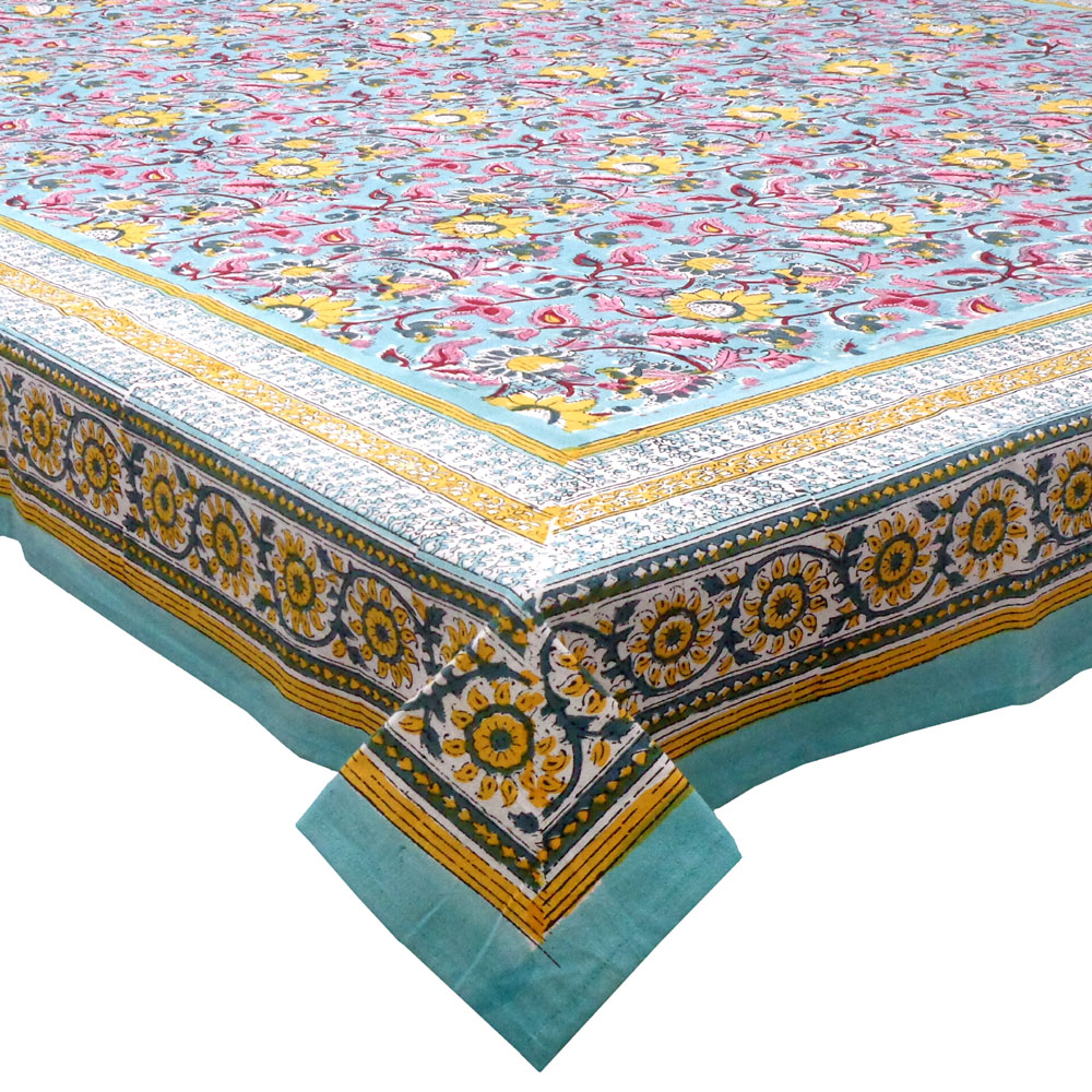 Hand Block Printed Cotton Tablecloth 180x270 cms Phuljhari Jade Gud 602160