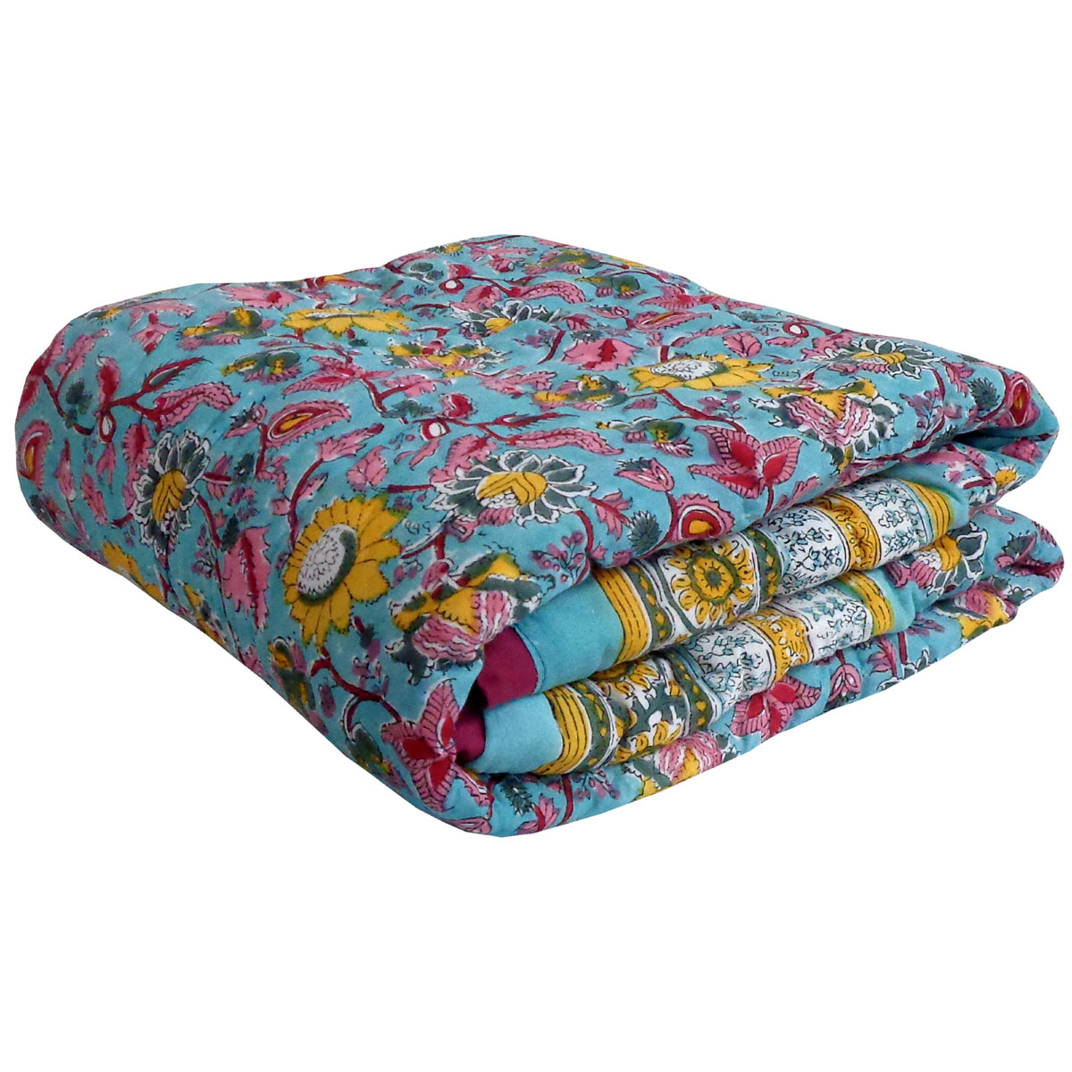 Hand Block Printed Baby Quilt 100x140 cm Jaipur Razai Phuljhari Jade Gud 602160