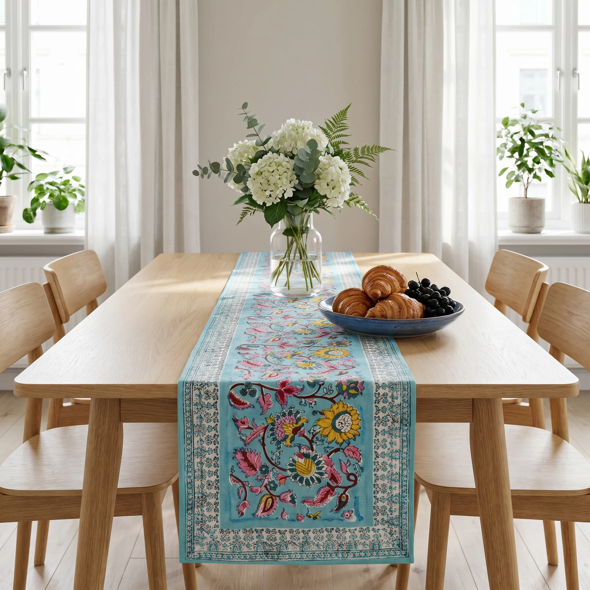 Hand Block Printed Cotton Canvas Table Runner 33x120 cms Phuljhari Jade Gud 602160