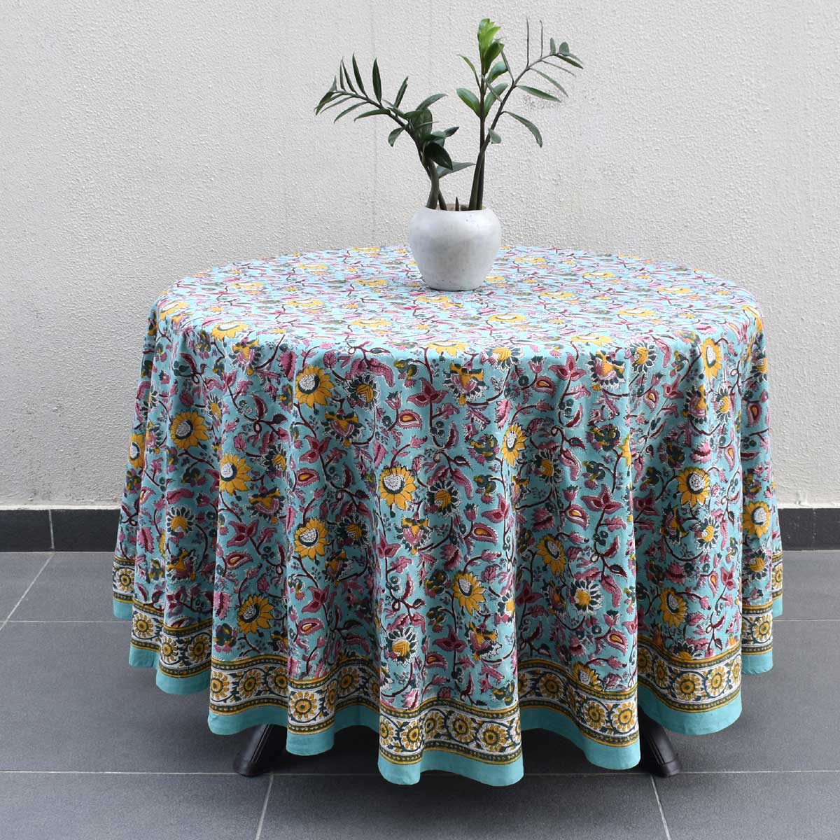 Hand Block Printed Cotton Round Tablecloth 220 cms Phuljhari Jade Gud 602160