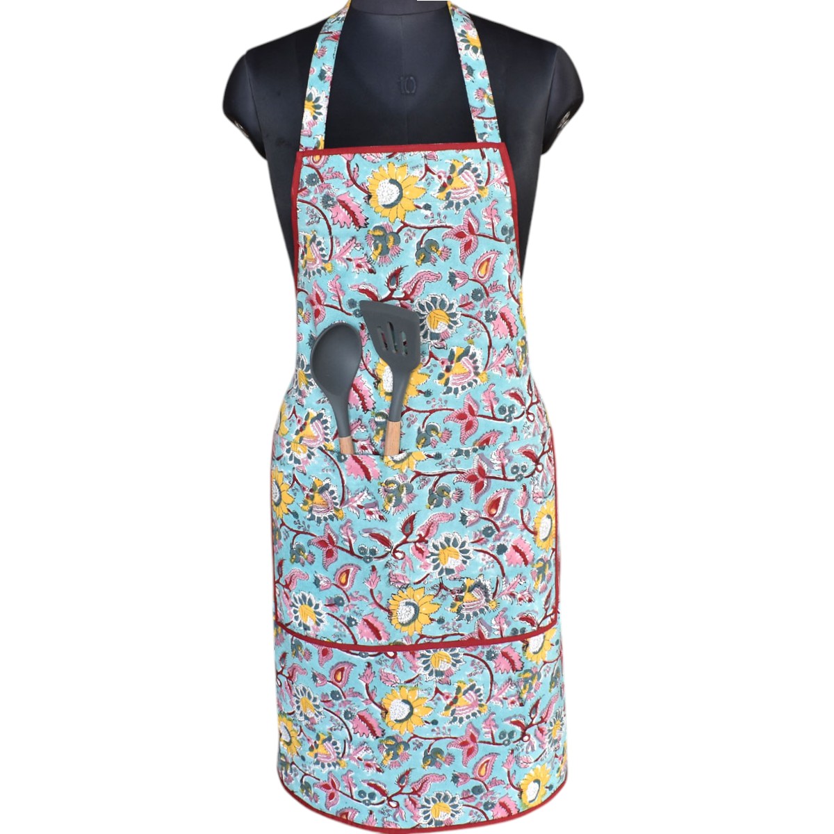 Indian Block-Printed 100 Cotton Apron Phuljhari Jade Gud 602160