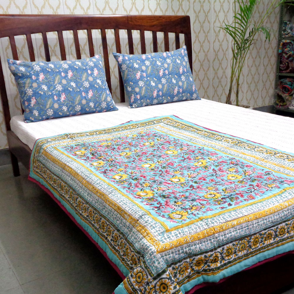 Hand Block Printed Baby Quilt 100x140 cm Jaipur Razai Phuljhari Jade Gud 602160