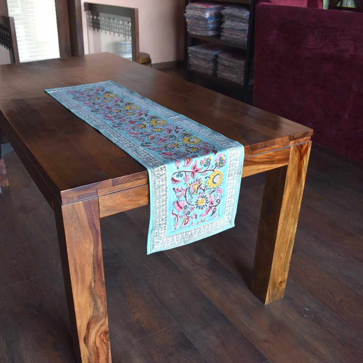 Hand Block Printed Cotton Canvas Table Runner 33x120 cms Phuljhari Jade Gud 602160