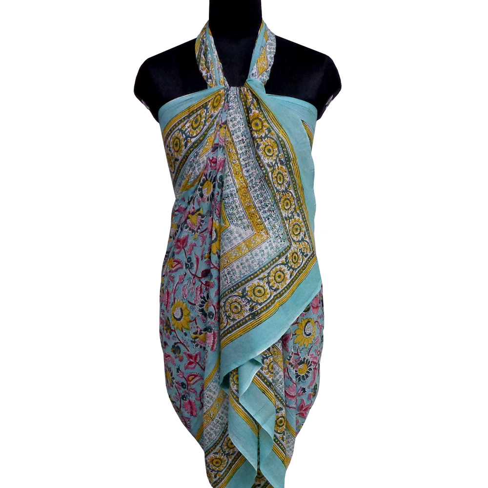 Beach Wrap Sarong Womens Swimwear Wraparound Pareo Soft Cotton Hand Block Printed Phuljhari Jade Gud 602160