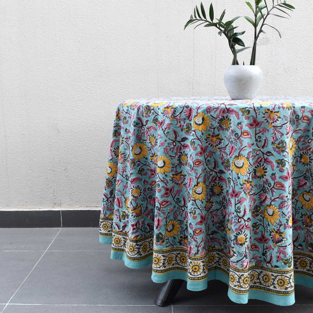 Hand Block Printed Cotton Round Tablecloth 220 cms Phuljhari Jade Gud 602160