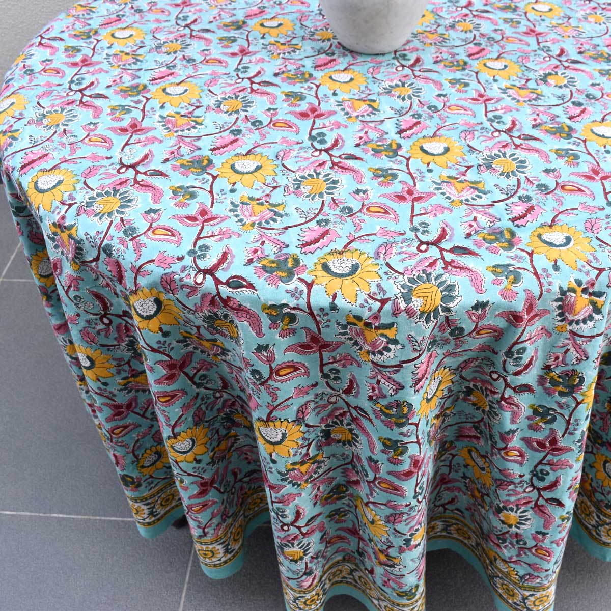 Hand Block Printed Cotton Round Tablecloth 220 cms Phuljhari Jade Gud 602160