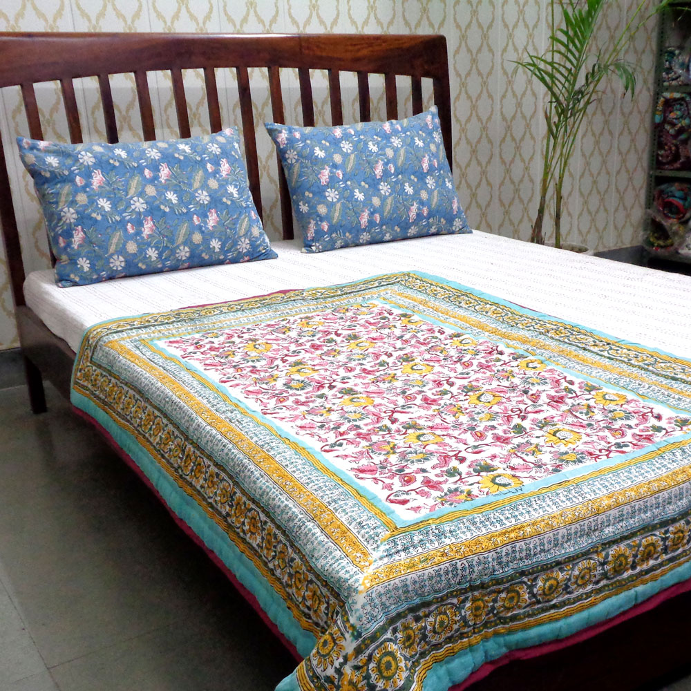 Hand Block Printed Baby Quilt 100x140 cm Jaipur Razai Phuljhari Jade Gud 602160