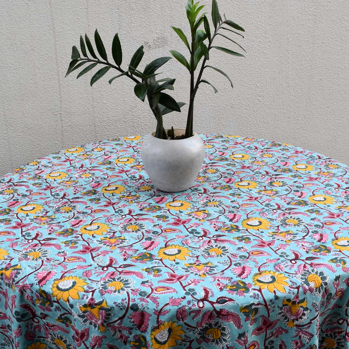 Hand Block Printed Cotton Round Tablecloth 220 cms Phuljhari Jade Gud 602160