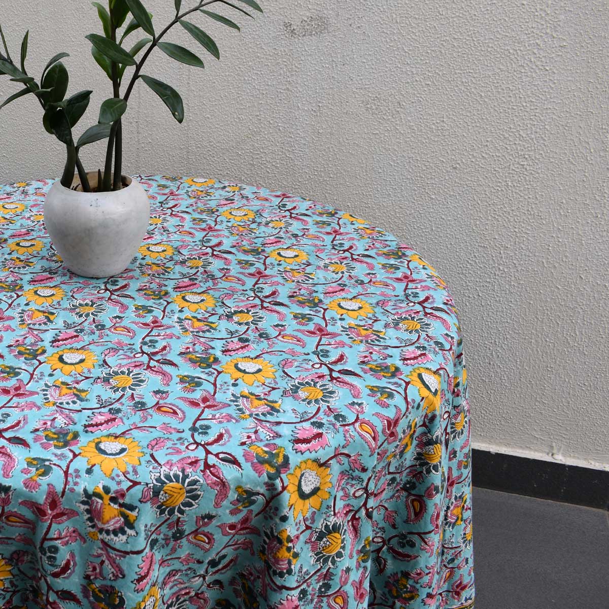 Hand Block Printed Cotton Round Tablecloth 220 cms Phuljhari Jade Gud 602160