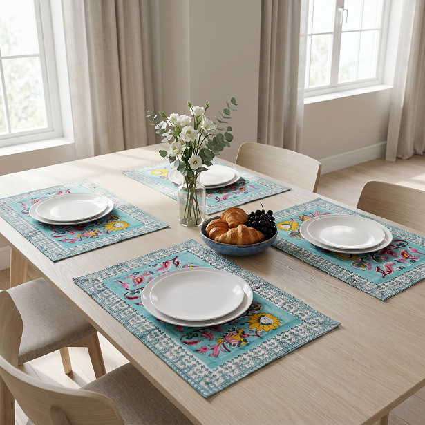 Hand Block Printed Cotton Canvas Table Mat 32x48 cms Set of 2 Table mats Phuljhari Jade Gud 602160