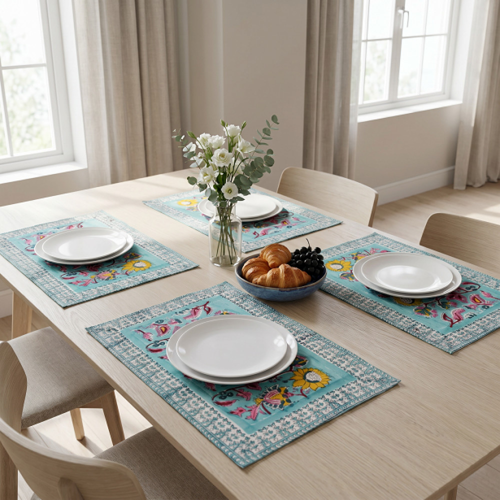 Image of Hand Block Printed Cotton Canvas Table Mat 32x48 cms (Set of 2 Table mats) | Phuljhari Jade Gud 602160