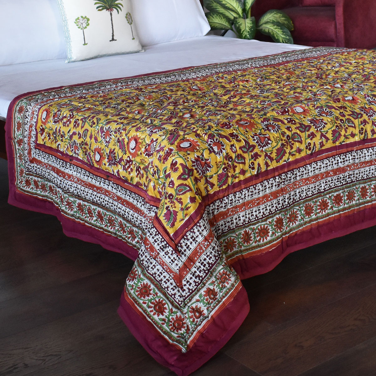 Hand Block Printed Twin Size Quilt Phuljhari Lime 3820