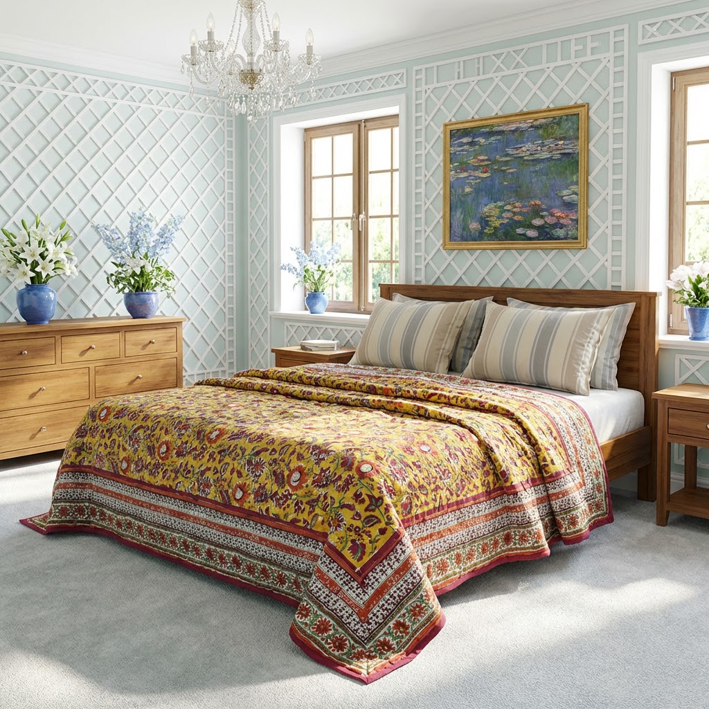 Hand Block Printed Twin Size Quilt Phuljhari Lime 3820