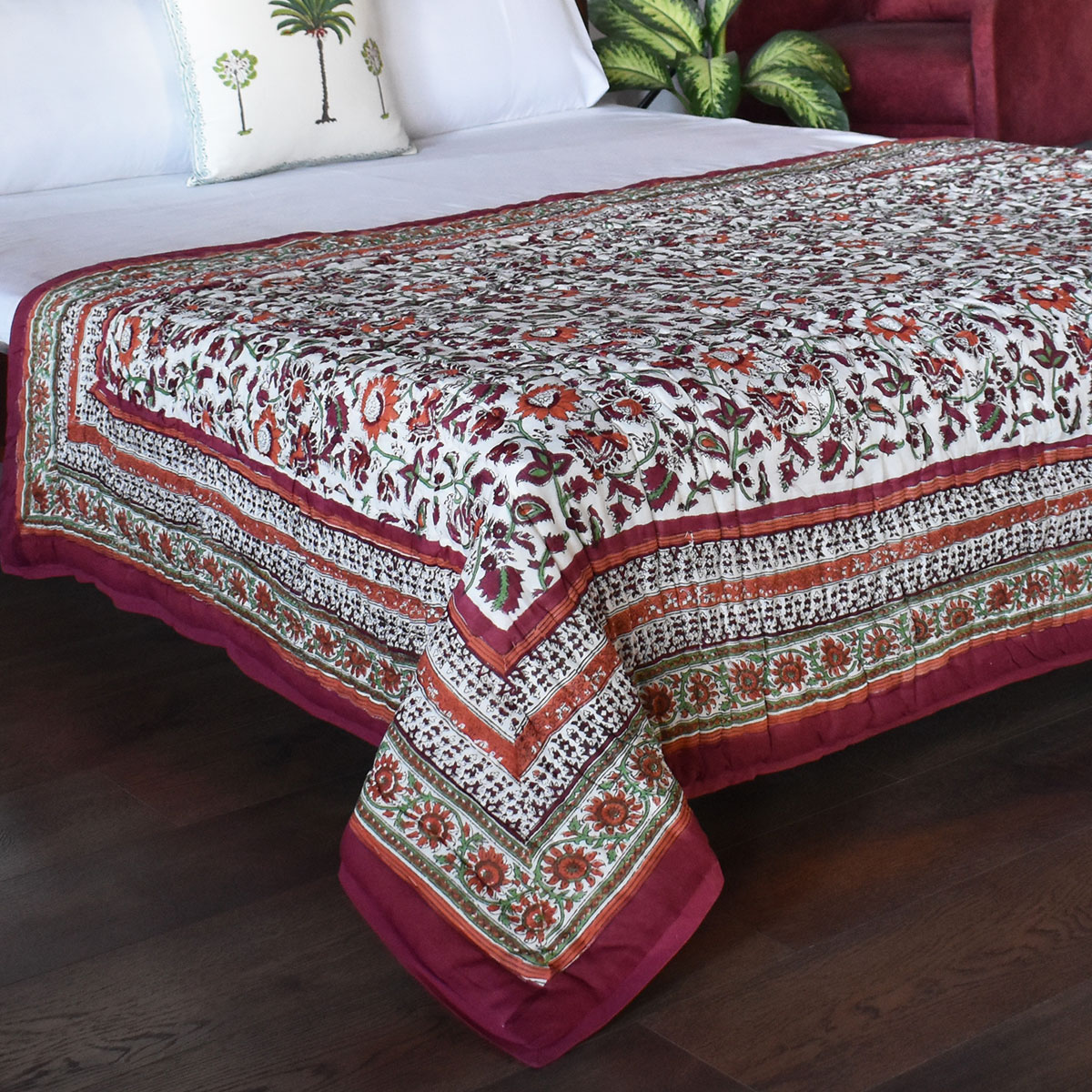 Hand Block Printed Twin Size Quilt  Phuljhari Lime 3820
