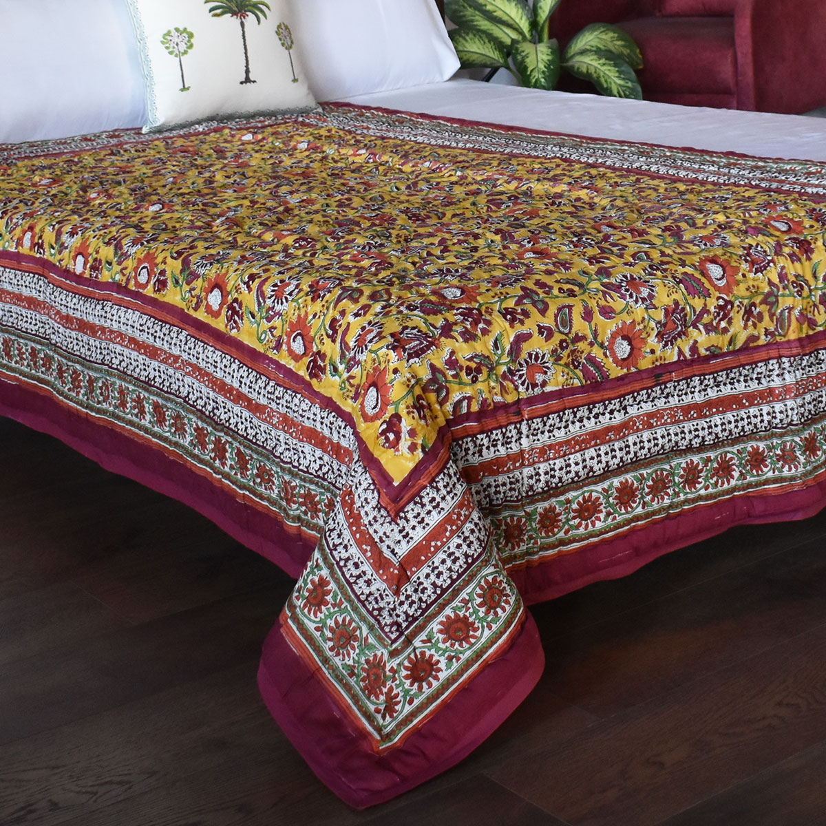 Hand Block Printed Twin Size Quilt Phuljhari Lime 3820