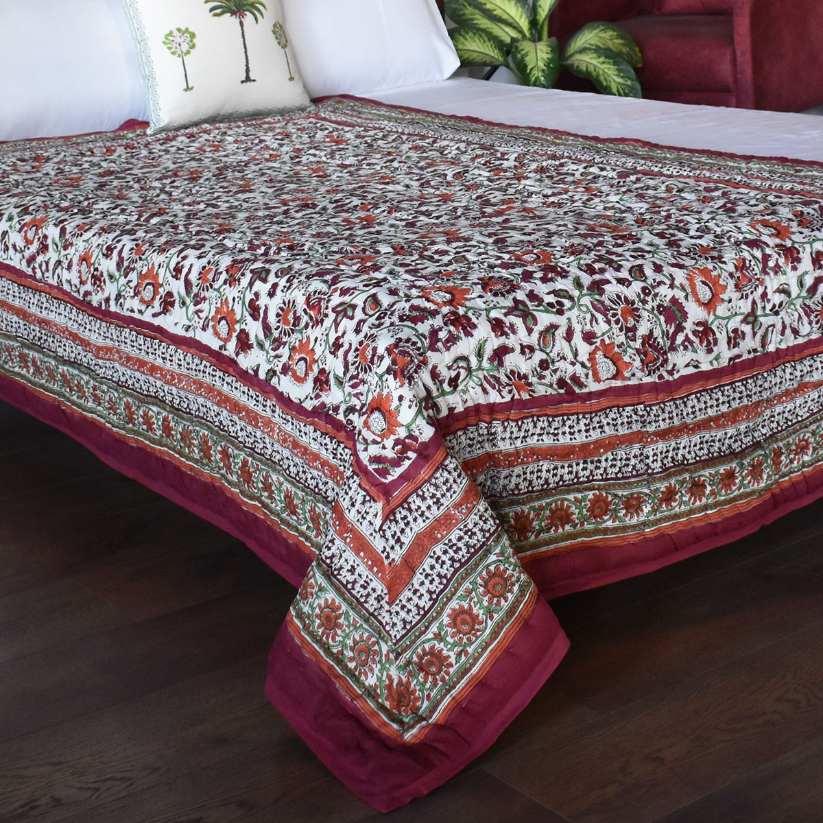 Hand Block Printed Twin Size Quilt  Phuljhari Lime 3820