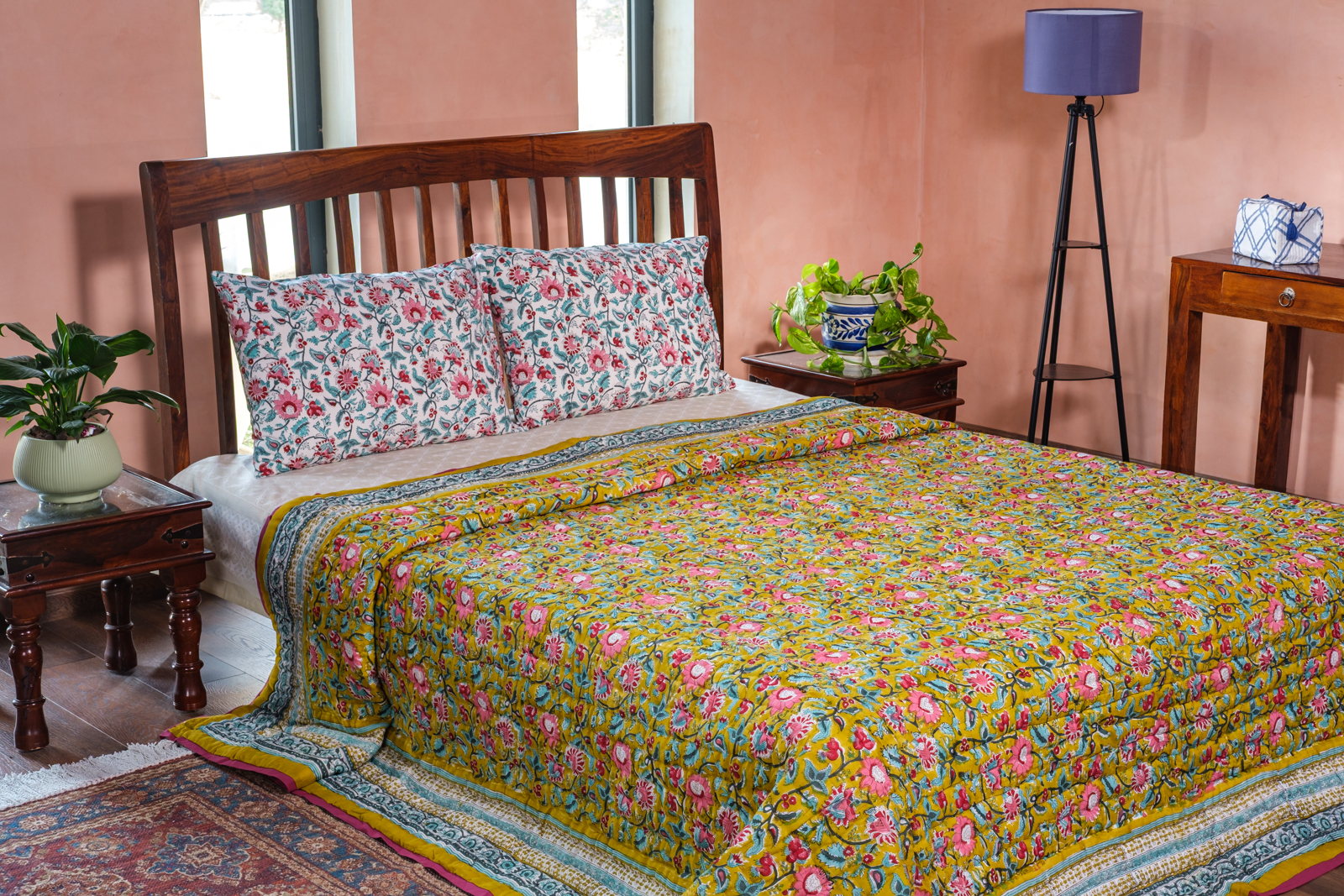 Hand Block Printed Cotton King Size Quilt Phuljhari Olive 102258