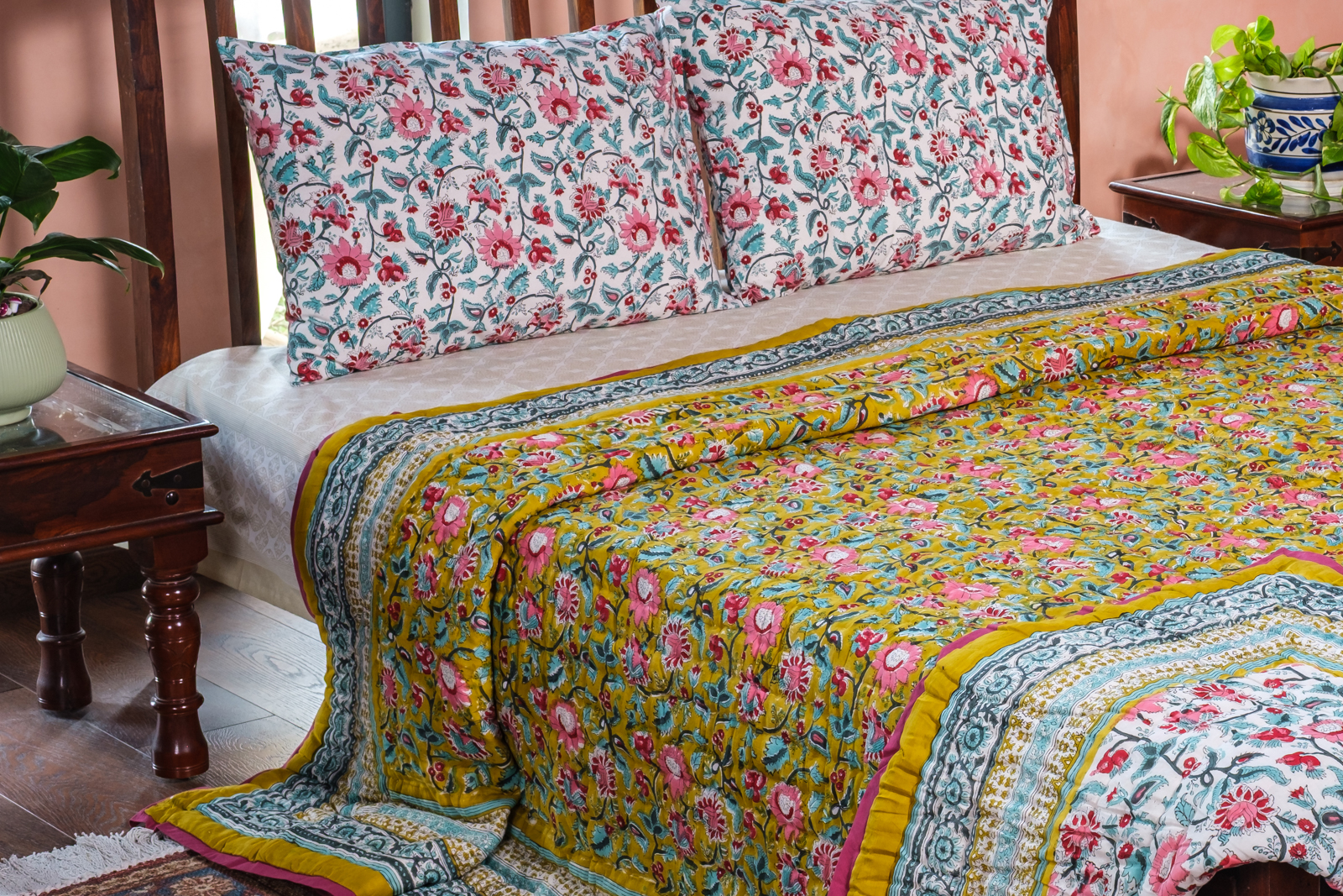 Hand Block Printed Cotton King Size Quilt Phuljhari Olive 102258