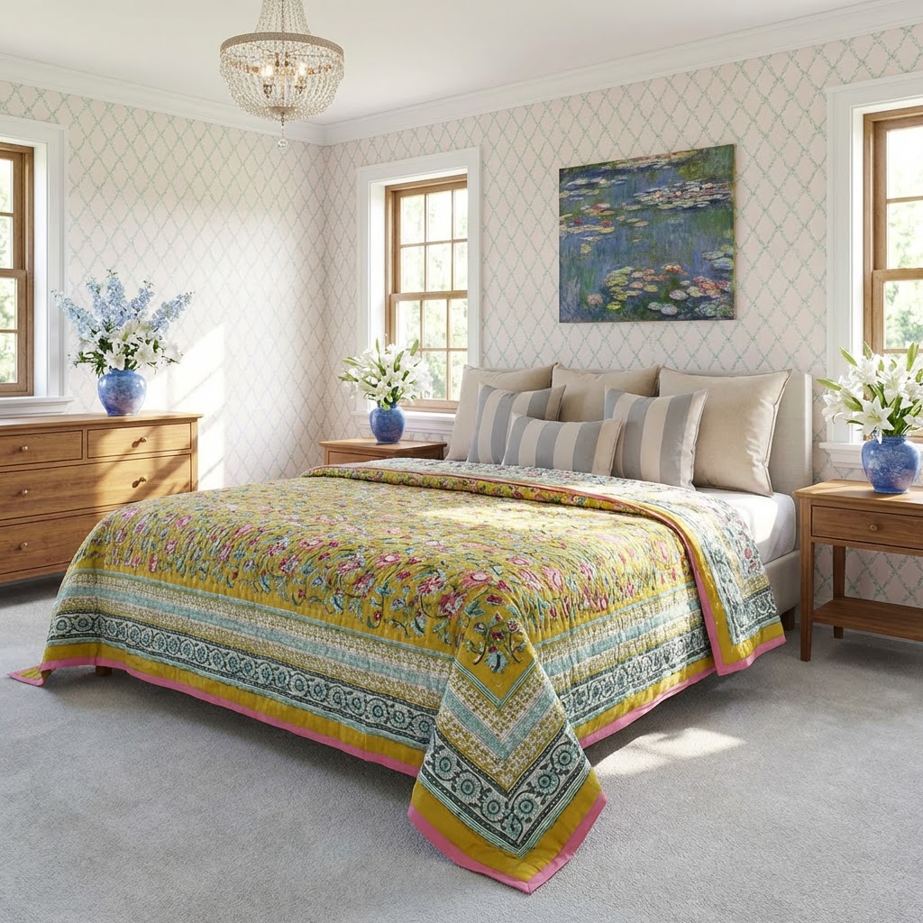 Hand Block Printed Cotton King Size Quilt Phuljhari Olive 102258