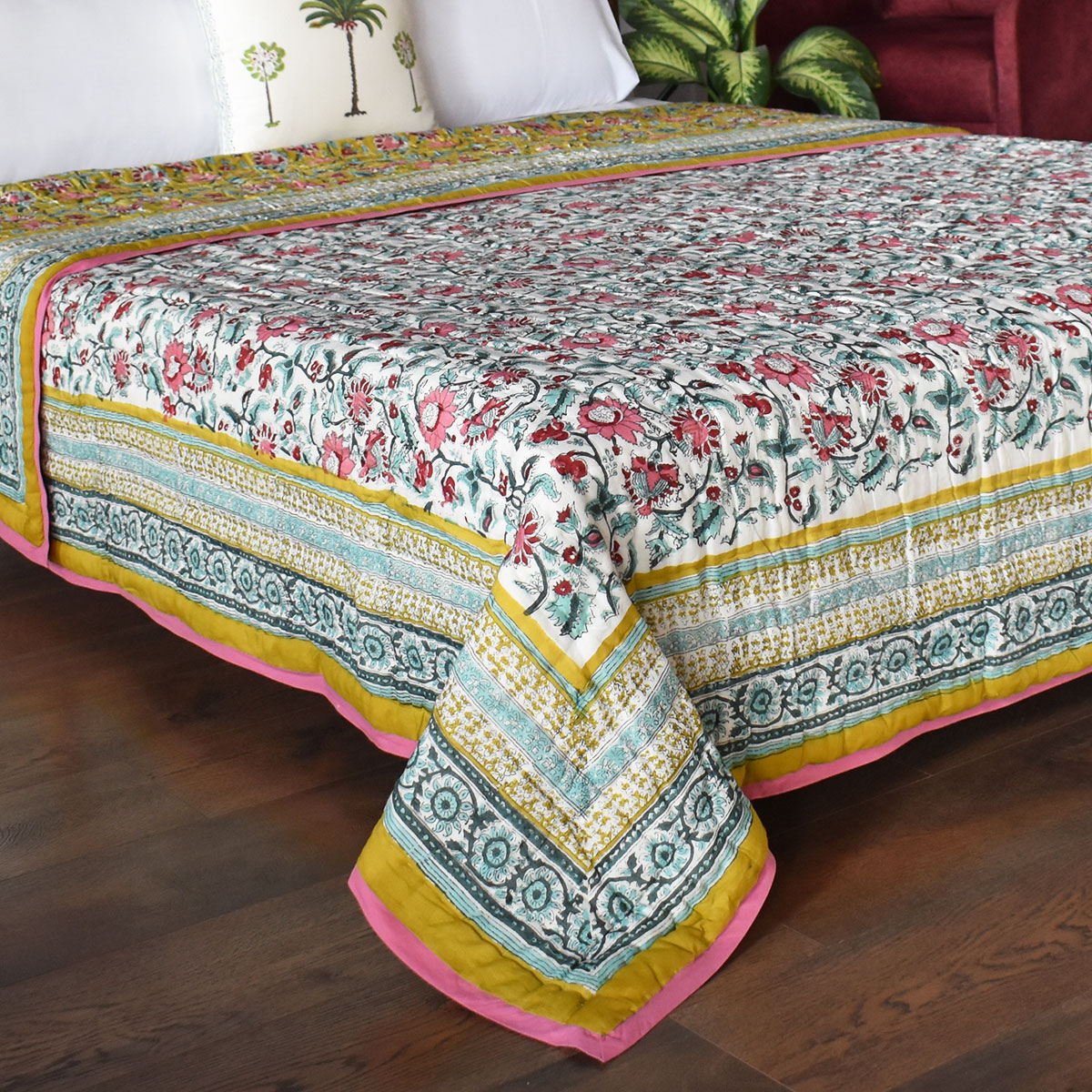 Hand Block Printed Cotton King Size Quilt Phuljhari Olive 102258