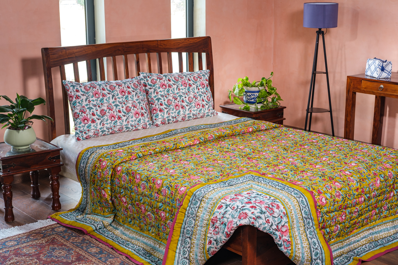 Hand Block Printed Cotton King Size Quilt Phuljhari Olive 102258