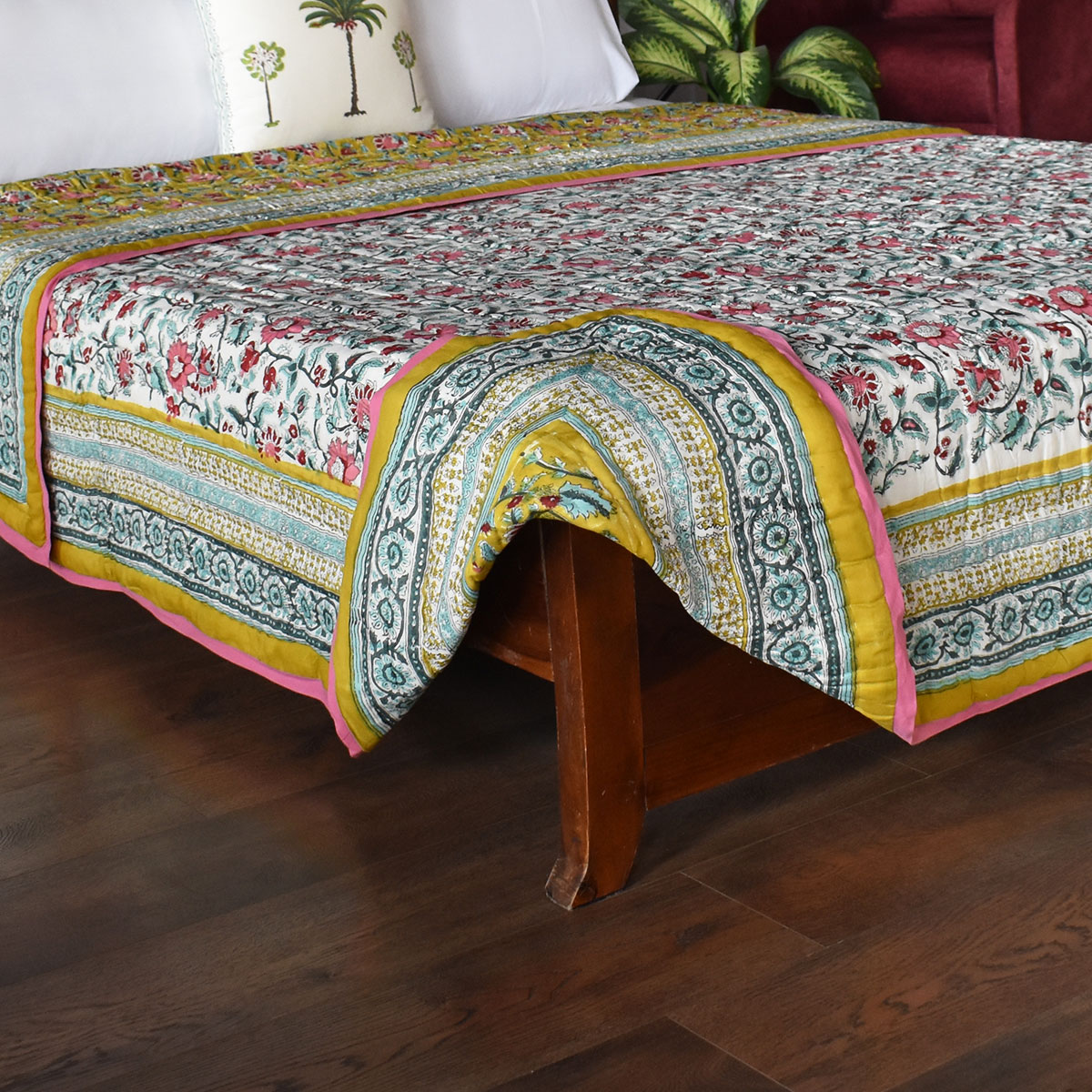 Hand Block Printed Cotton King Size Quilt Phuljhari Olive 102258