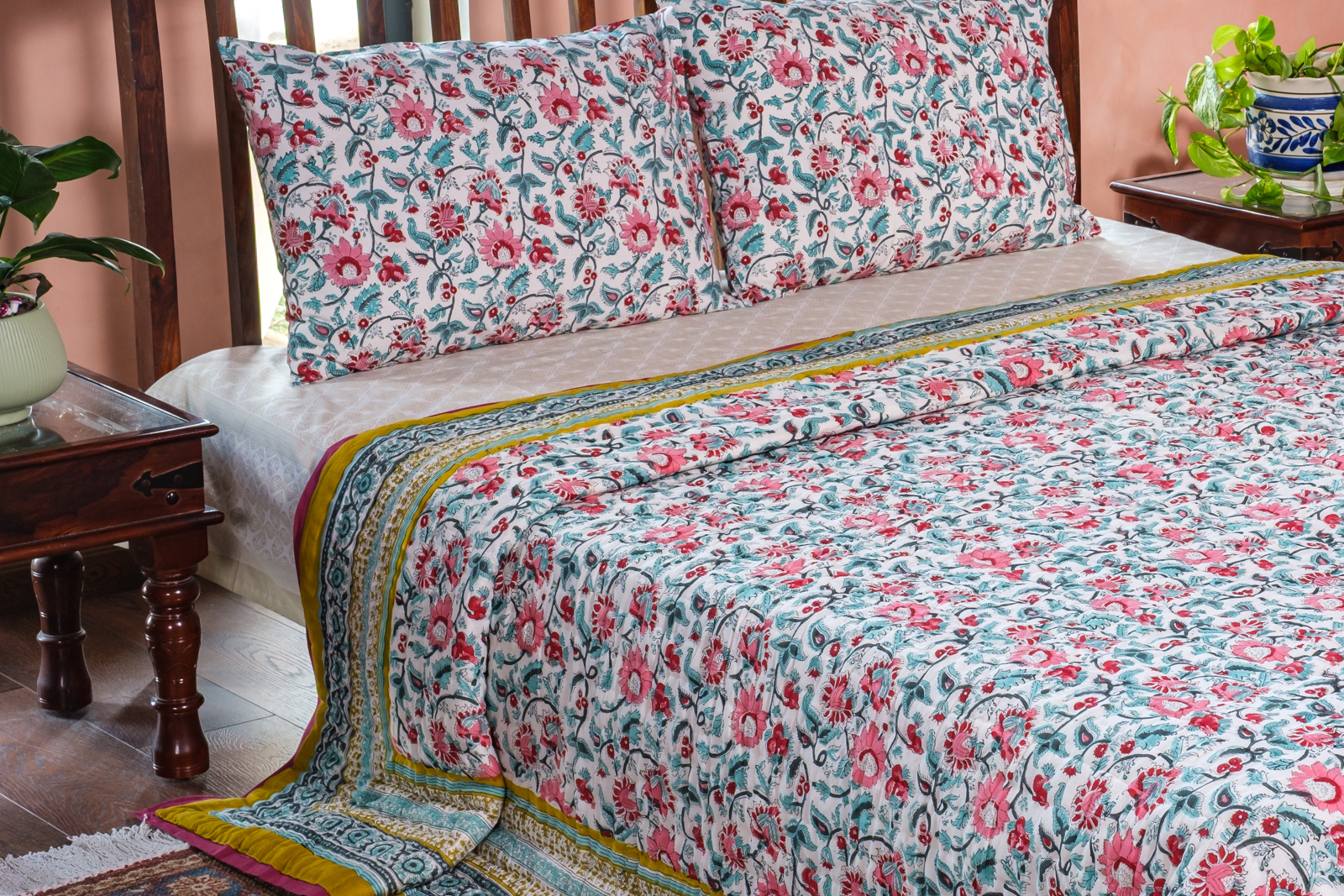 Hand Block Printed Cotton King Size Quilt Phuljhari Olive 102258