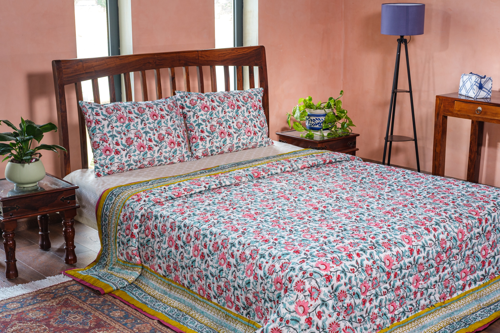 Hand Block Printed Cotton King Size Quilt Phuljhari Olive 102258