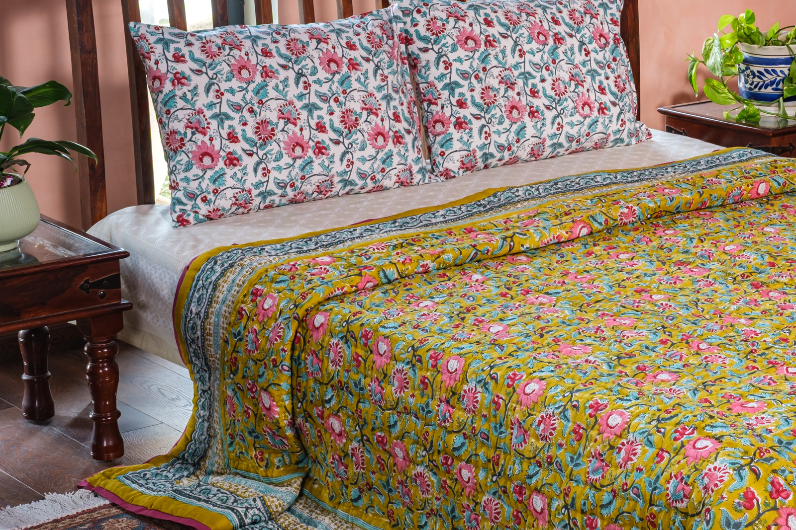 Hand Block Printed Cotton King Size Quilt Phuljhari Olive 102258