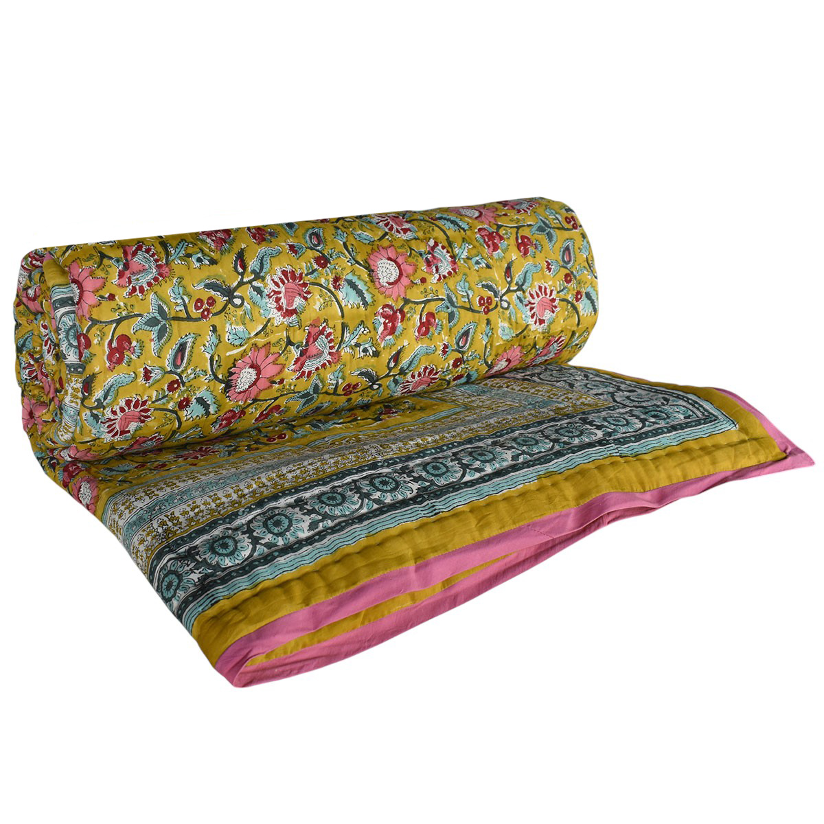 Hand Block Printed Cotton King Size Quilt Phuljhari Olive 102258