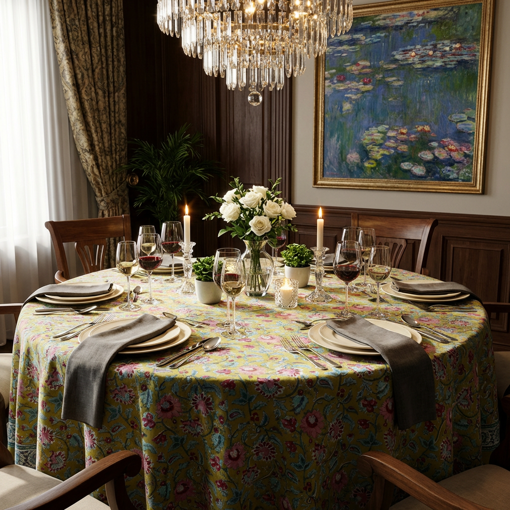 Hand Block Printed Cotton Round Tablecloth 275 cms Phuljhari Olive Gud 103487