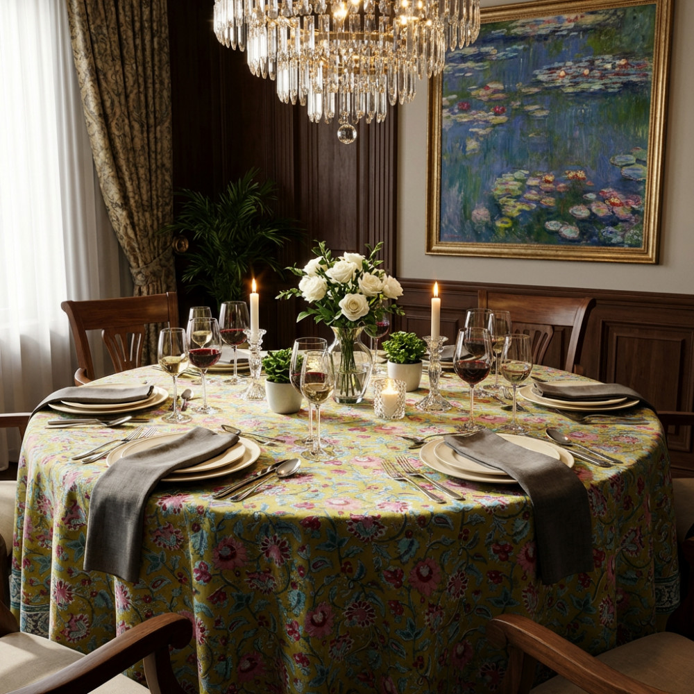 Image of Hand Block Printed Cotton Round Tablecloth 275 cms |  Phuljhari Olive Gud 103487