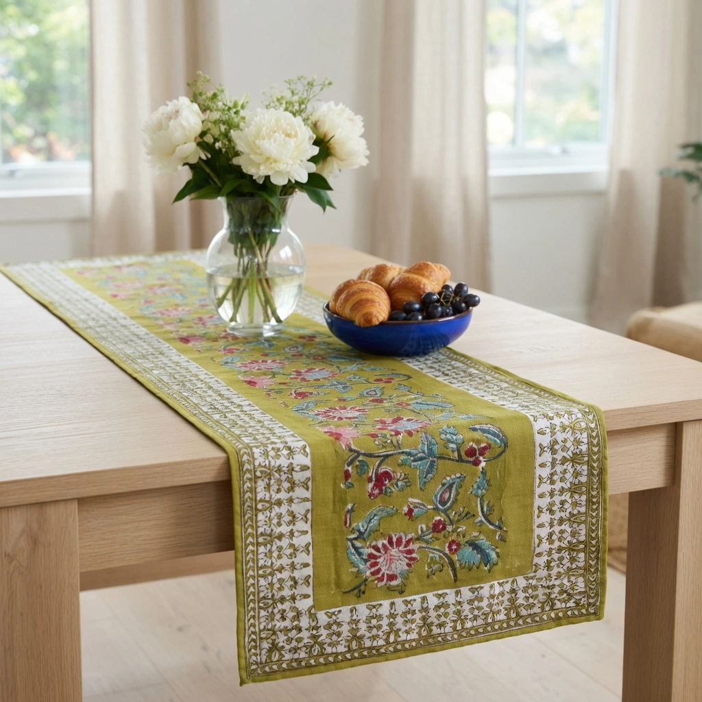 Hand Block Printed Cotton Canvas Table Runner 33x170 cms Phuljhari Olive Gud 103487