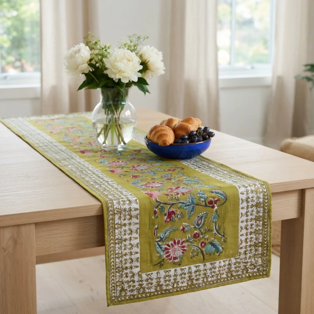 Image of Hand Block Printed Cotton Canvas Table Runner 33x170 cms |  Phuljhari Olive Gud 103487