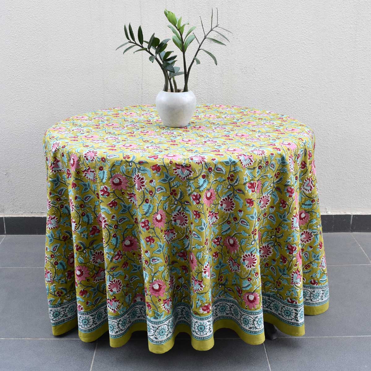 Hand Block Printed Cotton Round Tablecloth 150 cms Phuljhari Olive Gud 103487