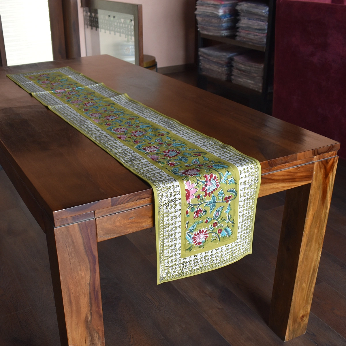 Hand Block Printed Cotton Canvas Table Runner 33x170 cms Phuljhari Olive Gud 103487