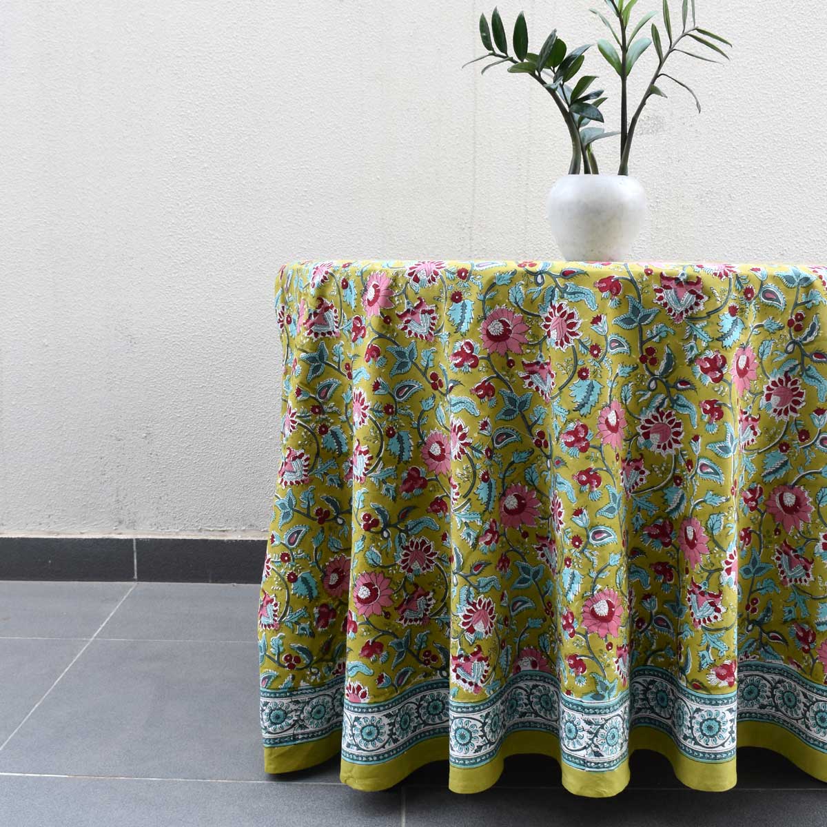 Hand Block Printed Cotton Round Tablecloth 275 cms Phuljhari Olive Gud 103487