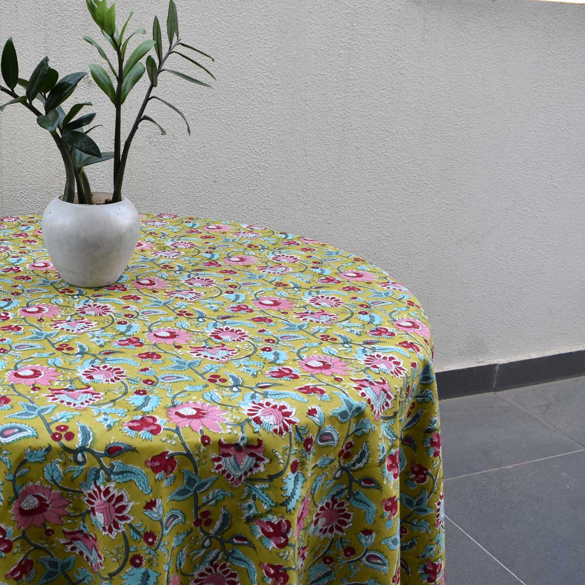 Hand Block Printed Cotton Round Tablecloth 150 cms Phuljhari Olive Gud 103487