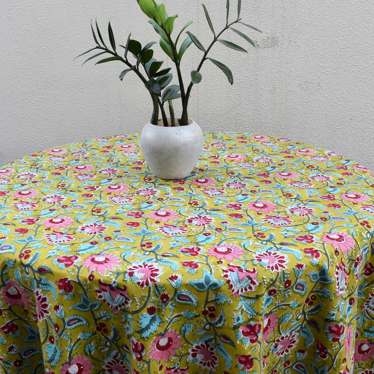 Hand Block Printed Cotton Round Tablecloth 150 cms Phuljhari Olive Gud 103487